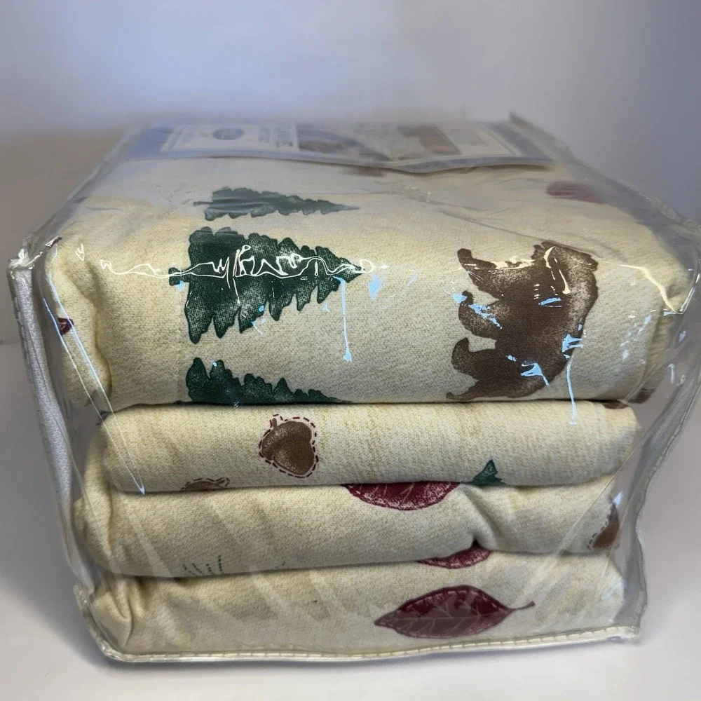 Vtg 4 Pc Full Flannel Sheet Set 100% Cotton Bears Lodge Cabin Tree Forest Nature